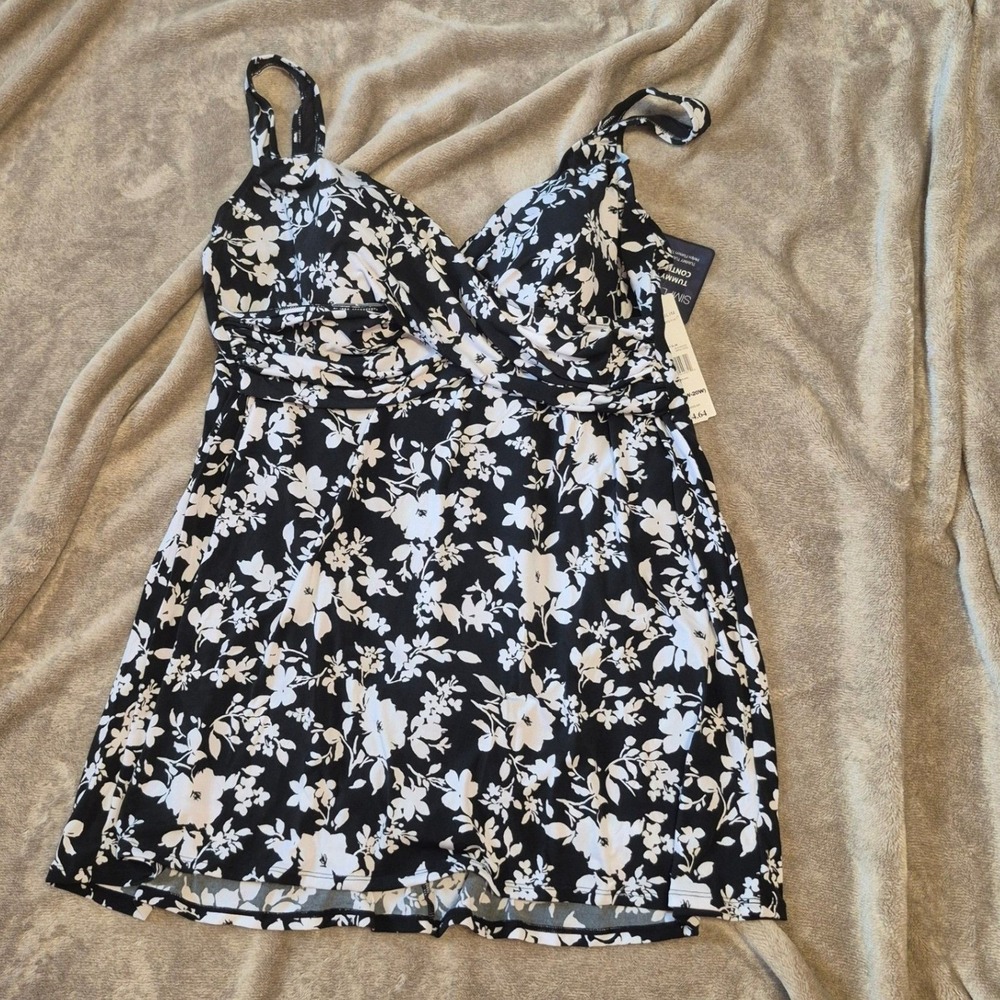 Simply Slim Womens Floral Swim Dress Tummy Control Black White 3X 22W-24W